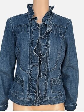 Christiana Zinn Denim Ruffle Zip Jacket